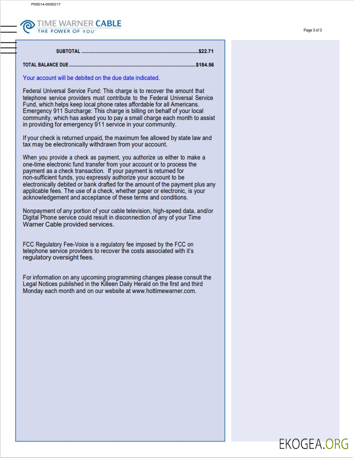 Usa Time warner cabel utility bill, word and pdf template, 3 pages 3 template